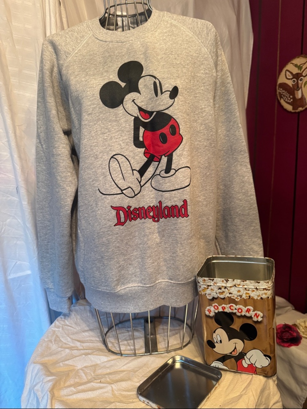 Disneyland Mickey Sweatshirt and Metal Popcorn Container